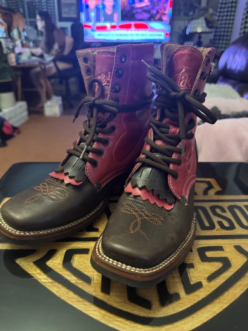 Two-Tone pink and Brown Lace-Up Women’s Boots ultimate Rodeo Tombstone boots